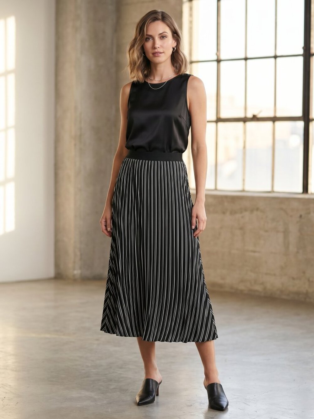NWT Max Studio Pleated Midi Skirt Size L Black Pinstriped Office Siren Academia